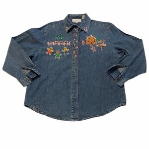 Westbound Women’s Long Sleeve Denim Christmas Gingerbread Beaded Holiday M